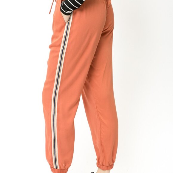 MYSTREE Rust Orange Stripe Side Joggers, Drawstring Waist, Casual Pants - Picture 4 of 6